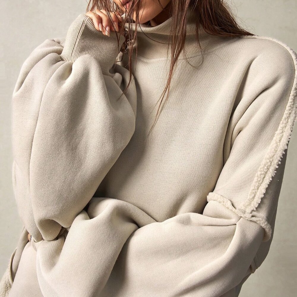 Grey Casual Women's Knitted Turtleneck Lantern Sleeve Loose Sweatshirt - Picture 6 of 7